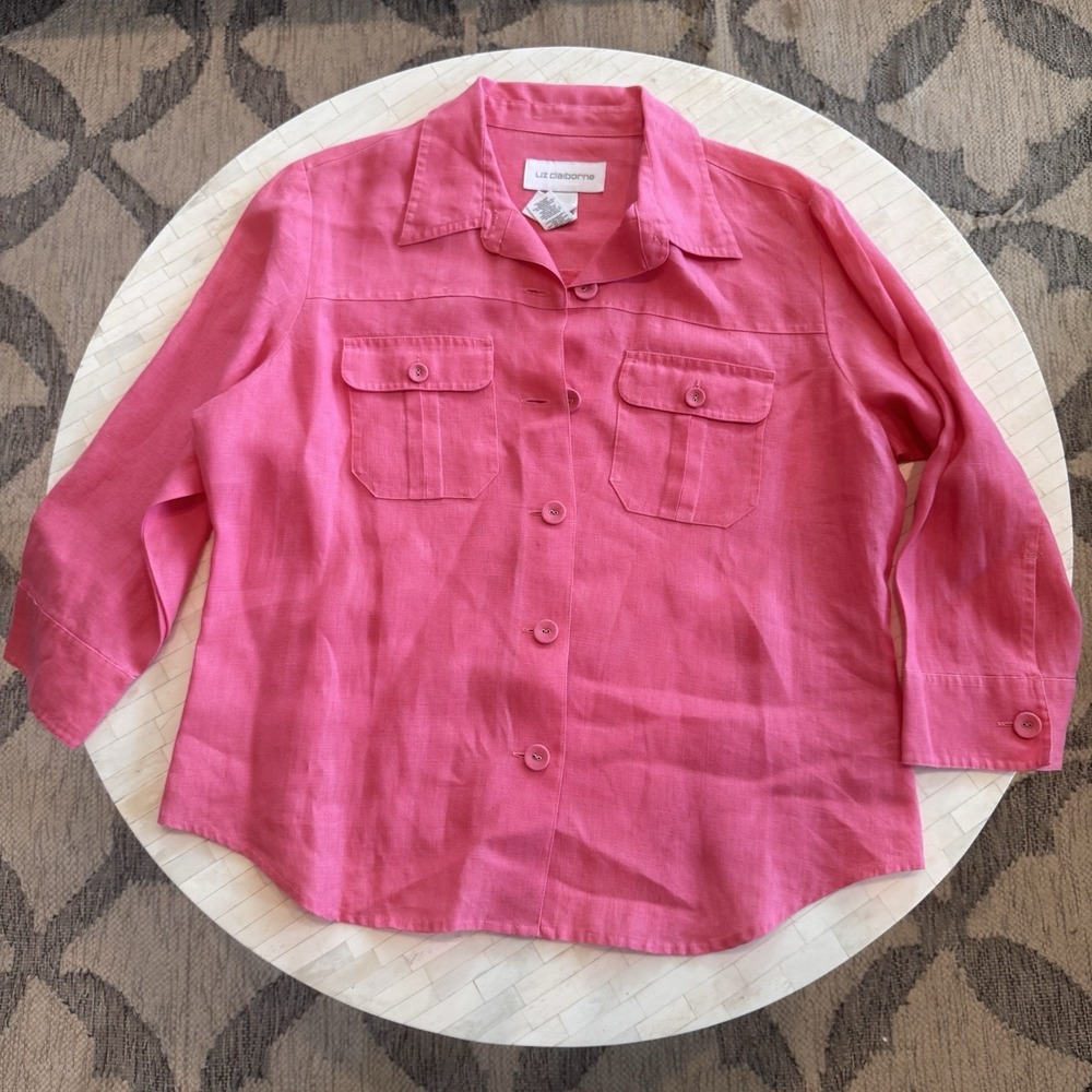 100% Linen Coral Pink Shirt Jacket Button Up Size 8 Coastal Grandma Pretty